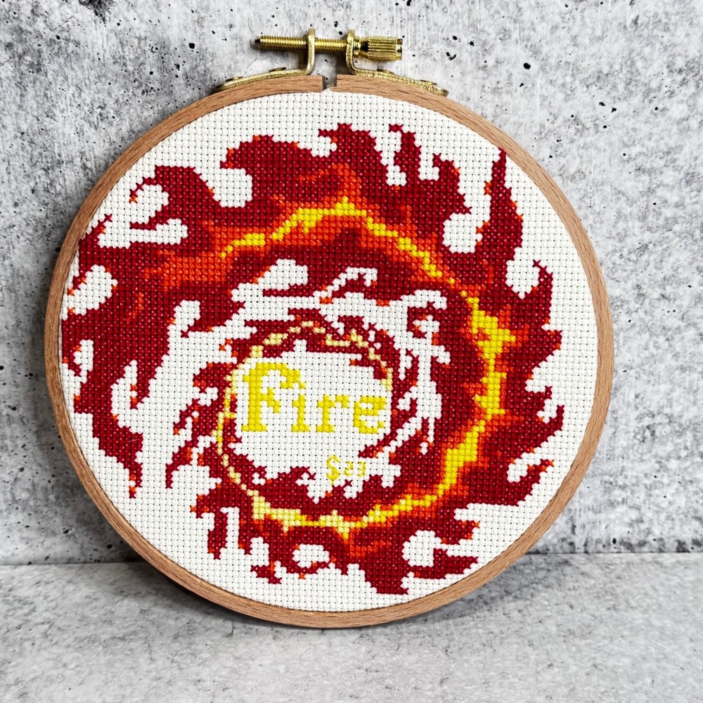 Handmade Fire Spiral Cross Stitch Wall Art in 6.5 Inch Wooden Embroidery Hoop